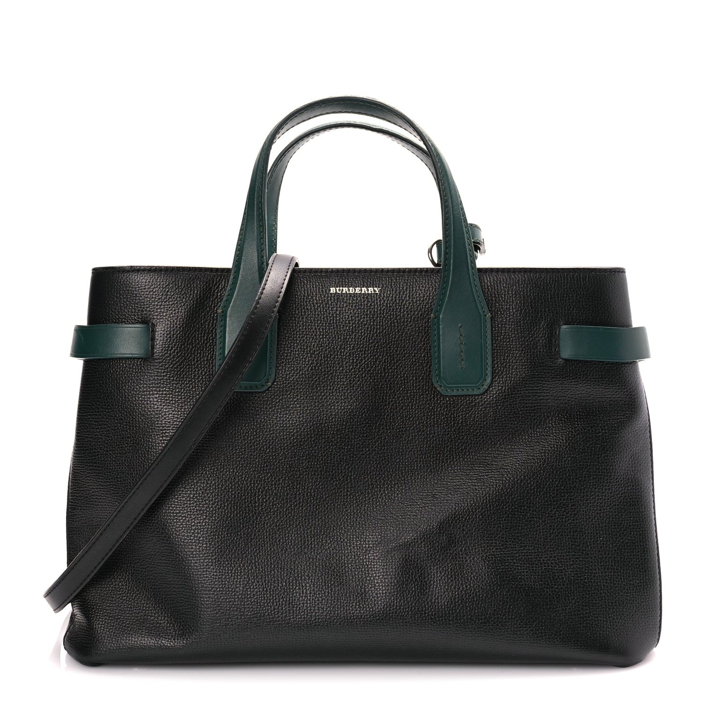 Burberry Derby Calfskin House Check Medium Banner Tote Black Sea Green