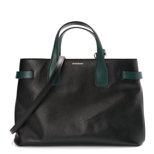 Burberry Derby Calfskin House Check Medium Banner Tote Black Sea Green