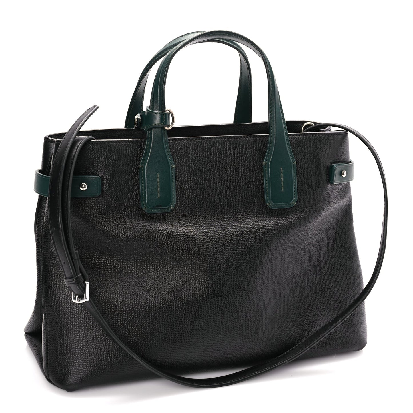 Burberry Derby Calfskin House Check Medium Banner Tote Black Sea Green