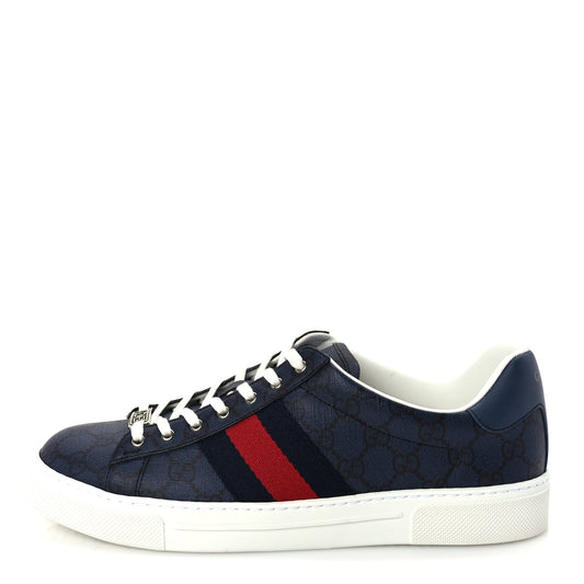 Gucci GG Supreme Monogram Web Mens New Ace Sneakers 8  Dark Blue