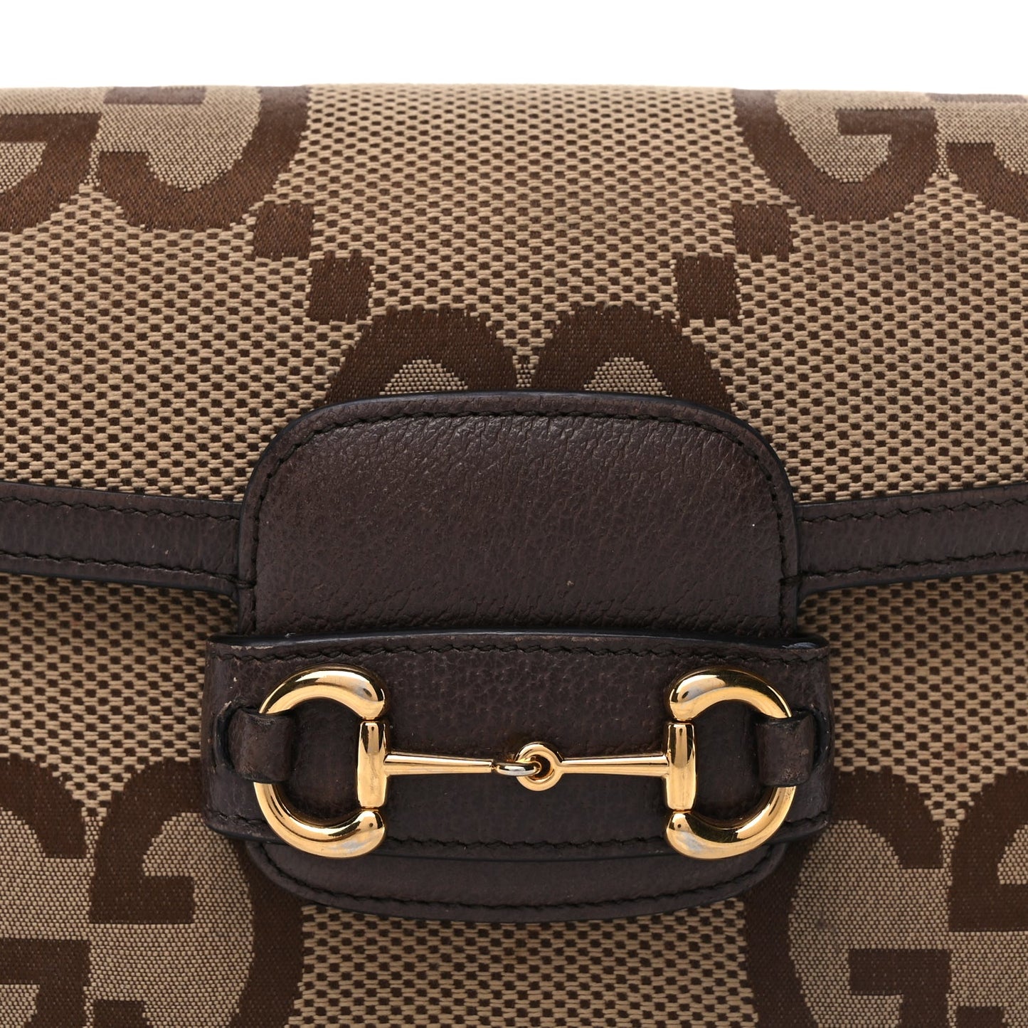 Gucci Monogram Jumbo GG Textured Dollar Calfskin Web Mini Horsebit 1955 Shoulder Bag Camel Ebony New Acero