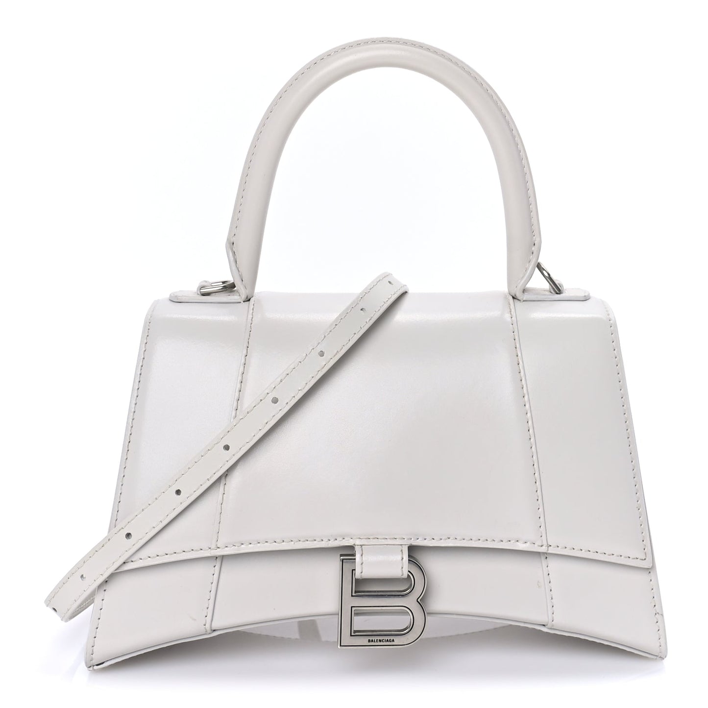 Balenciaga Shiny Box Calfskin Tonal B Small Hourglass Top Handle Bag  White