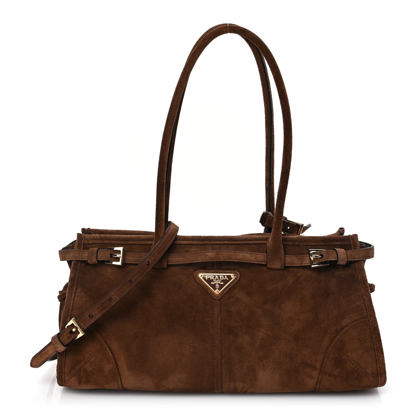 Prada Suede Triangle Medium Bonnie Shoulder Bag Cacao