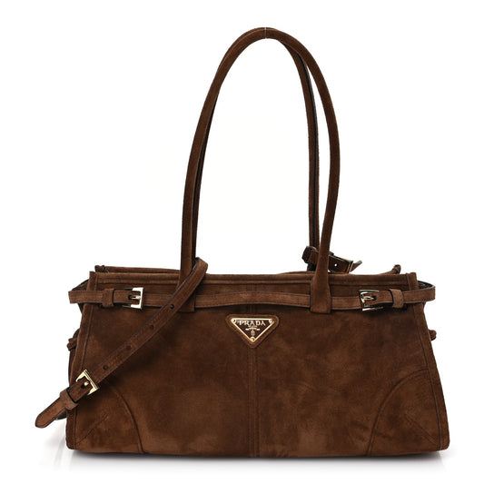 Prada Suede Triangle Medium Bonnie Shoulder Bag Cacao