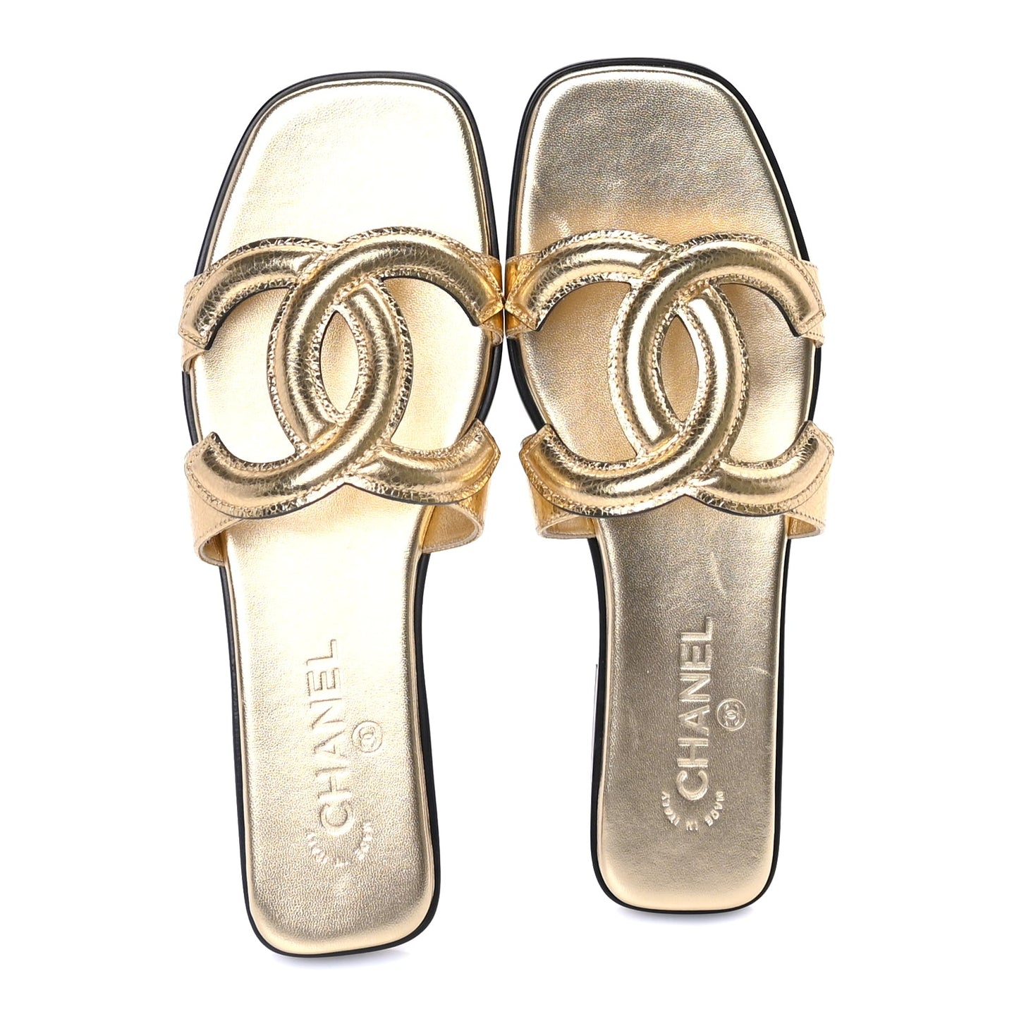 Chanel Metallic Lambskin CC Cut Out Mules Sandals 40  Gold