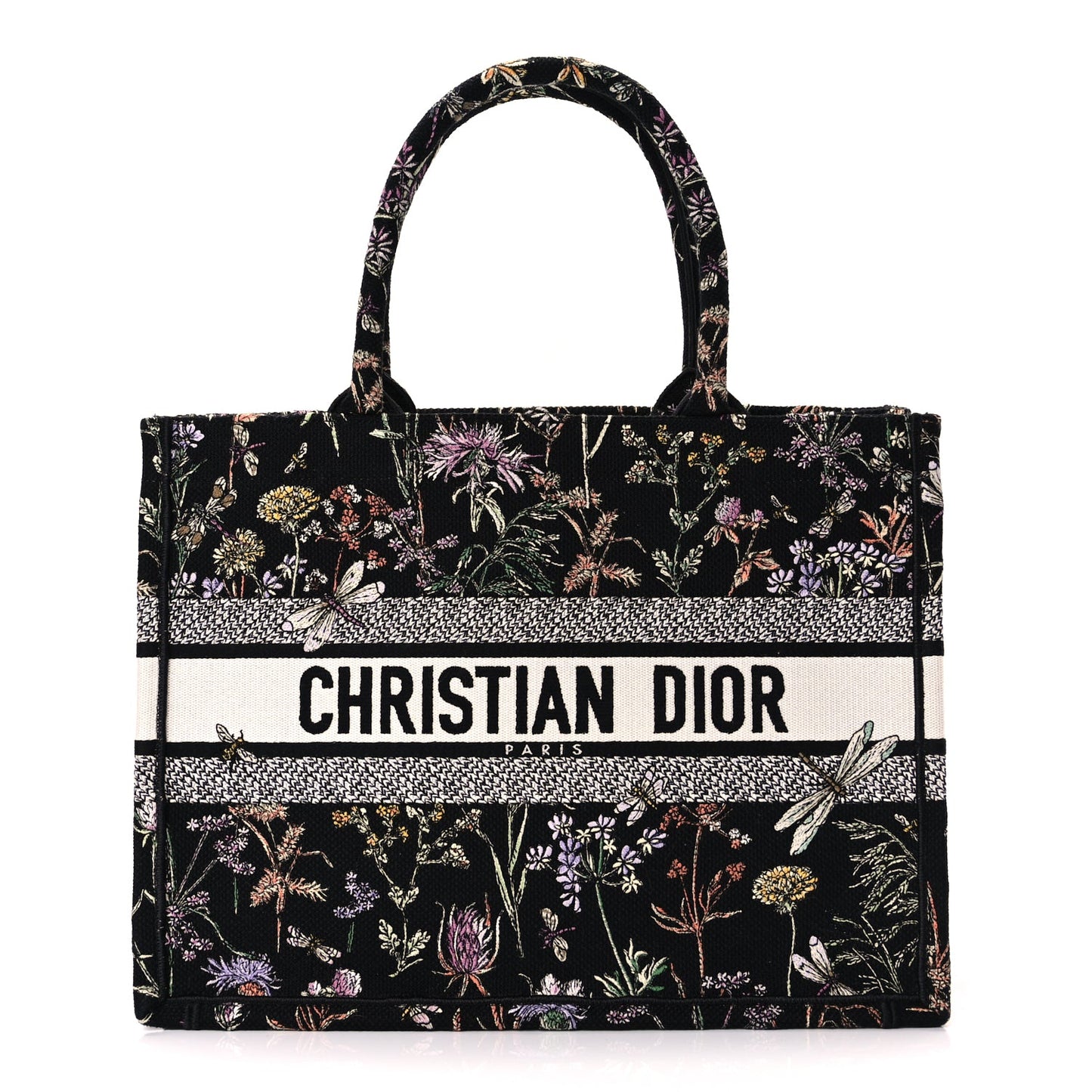 Christian Dior Canvas Embroidered Medium Herbarium Book Tote Black Multicolor