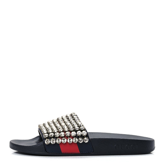 Gucci Calfskin Crystal Embellished Web Slide Sandals 38 Blue Red