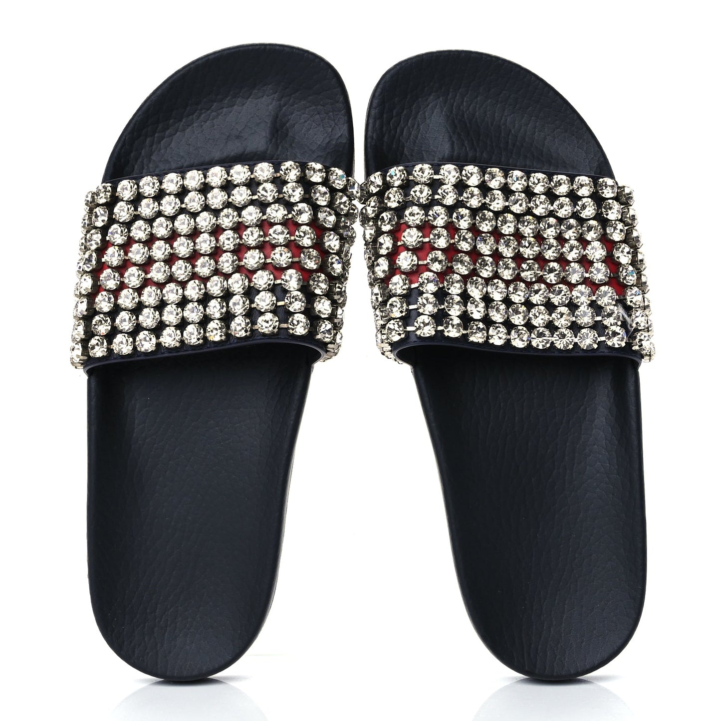 Gucci Calfskin Crystal Embellished Web Slide Sandals 38 Blue Red