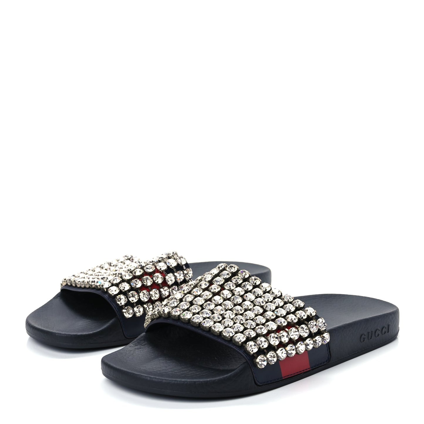 Gucci Calfskin Crystal Embellished Web Slide Sandals 38 Blue Red