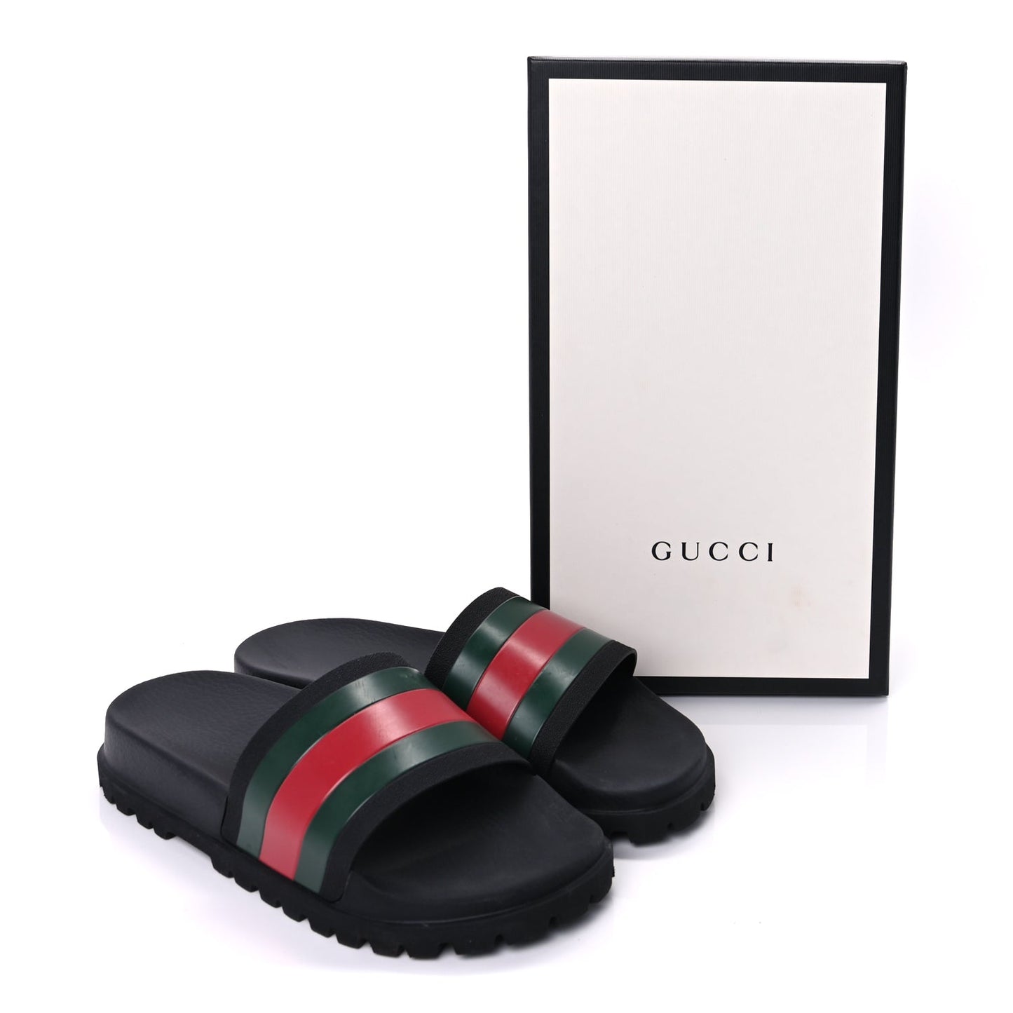 Gucci Rubber Web Mens Lug Sole Slide Sandals 10  Black Green Red