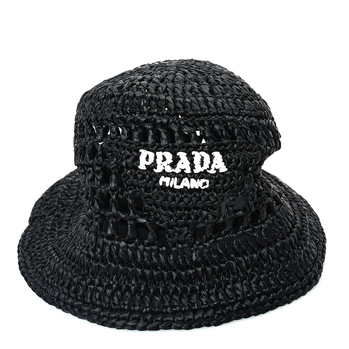 Prada Yarn Raffia Effect Crochet Logo Embroidered Womens Bucket Hat M Black