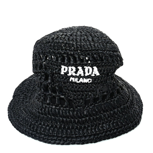 Prada Yarn Raffia Effect Crochet Logo Embroidered Womens Bucket Hat M Black