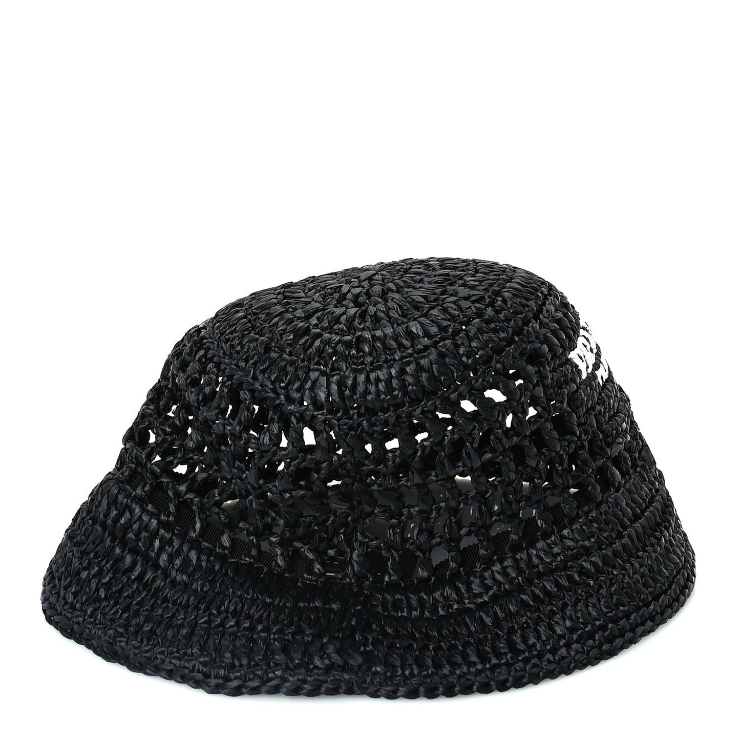 Prada Yarn Raffia Effect Crochet Logo Embroidered Womens Bucket Hat M Black