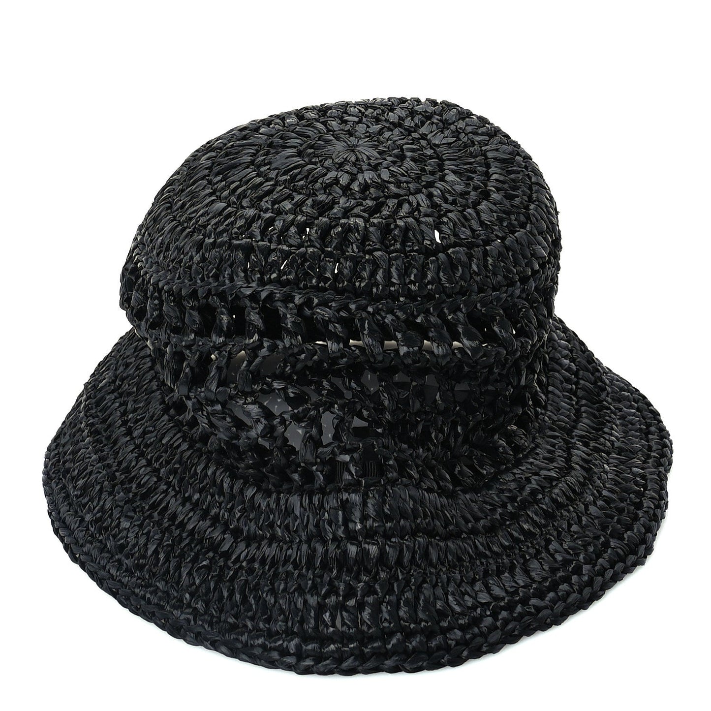 Prada Yarn Raffia Effect Crochet Logo Embroidered Womens Bucket Hat M Black