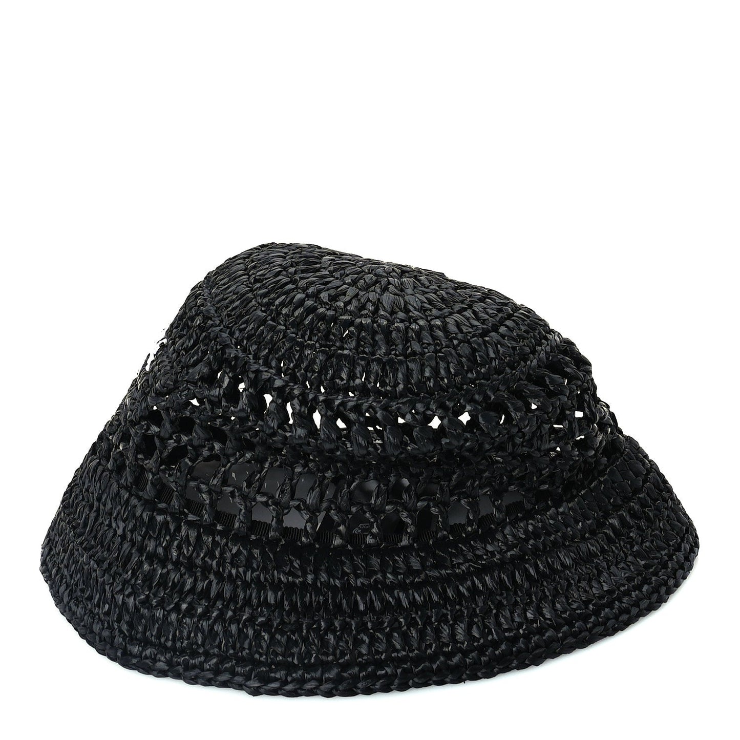 Prada Yarn Raffia Effect Crochet Logo Embroidered Womens Bucket Hat M Black