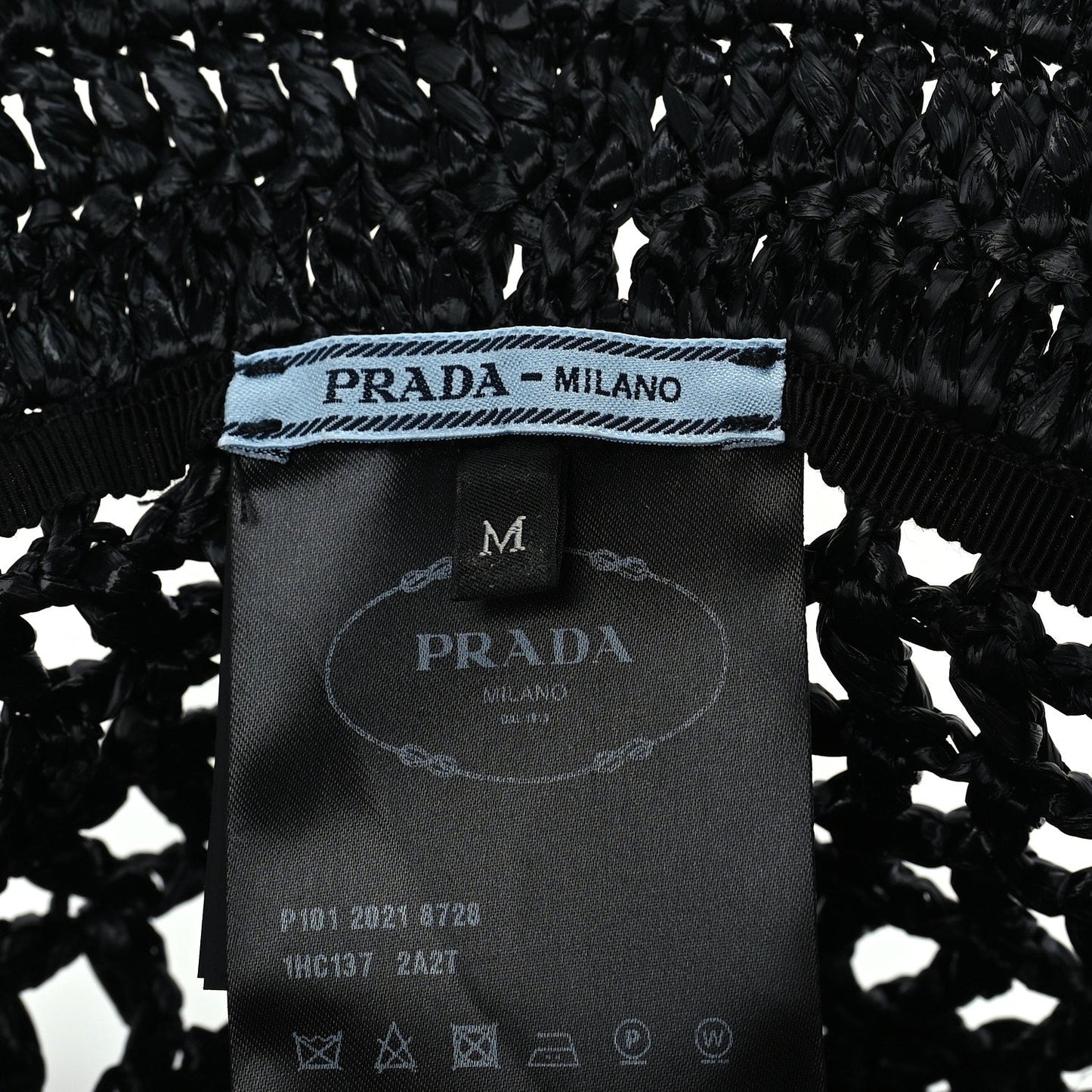 Prada Yarn Raffia Effect Crochet Logo Embroidered Womens Bucket Hat M Black