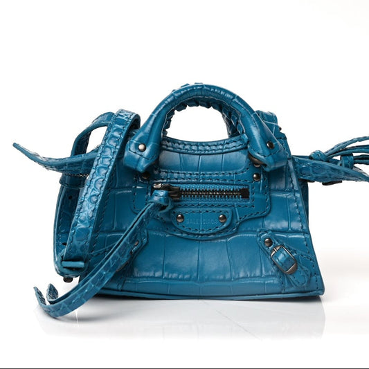 Balenciaga Extra Supple Calfskin Crocodile Embossed Neo Classic Silver Hardware Super Nano City Crossbody  Cyan