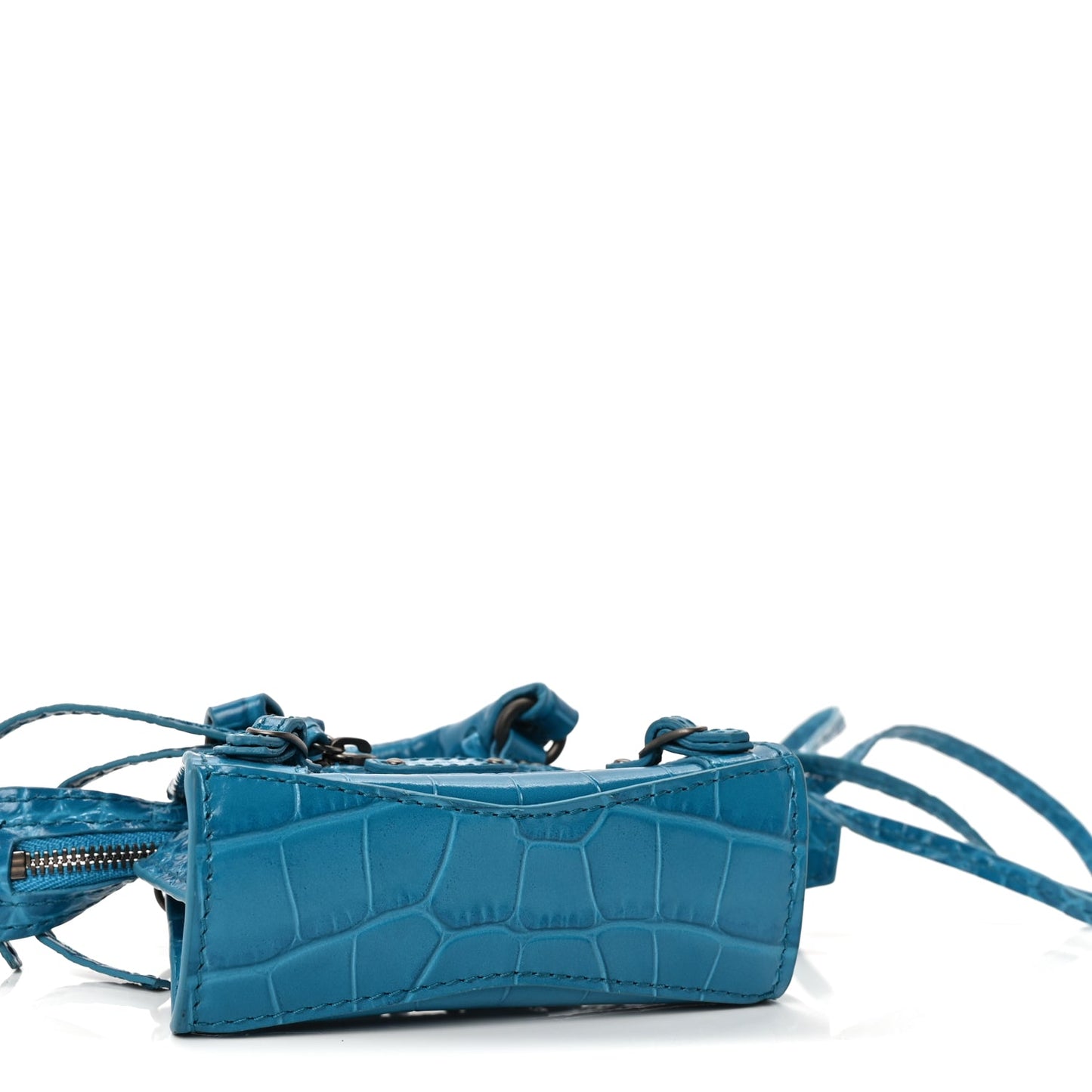 Balenciaga Extra Supple Calfskin Crocodile Embossed Neo Classic Silver Hardware Super Nano City Crossbody  Cyan