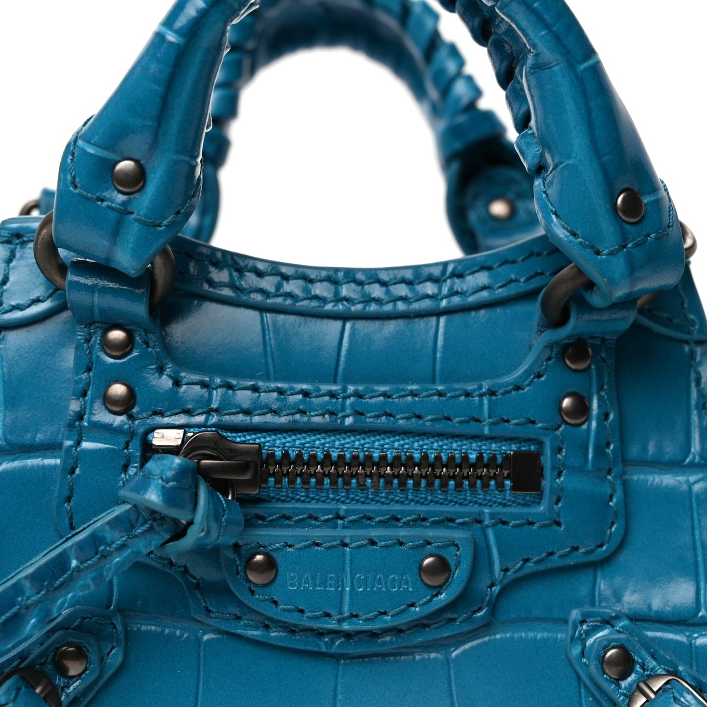 Balenciaga Extra Supple Calfskin Crocodile Embossed Neo Classic Silver Hardware Super Nano City Crossbody  Cyan