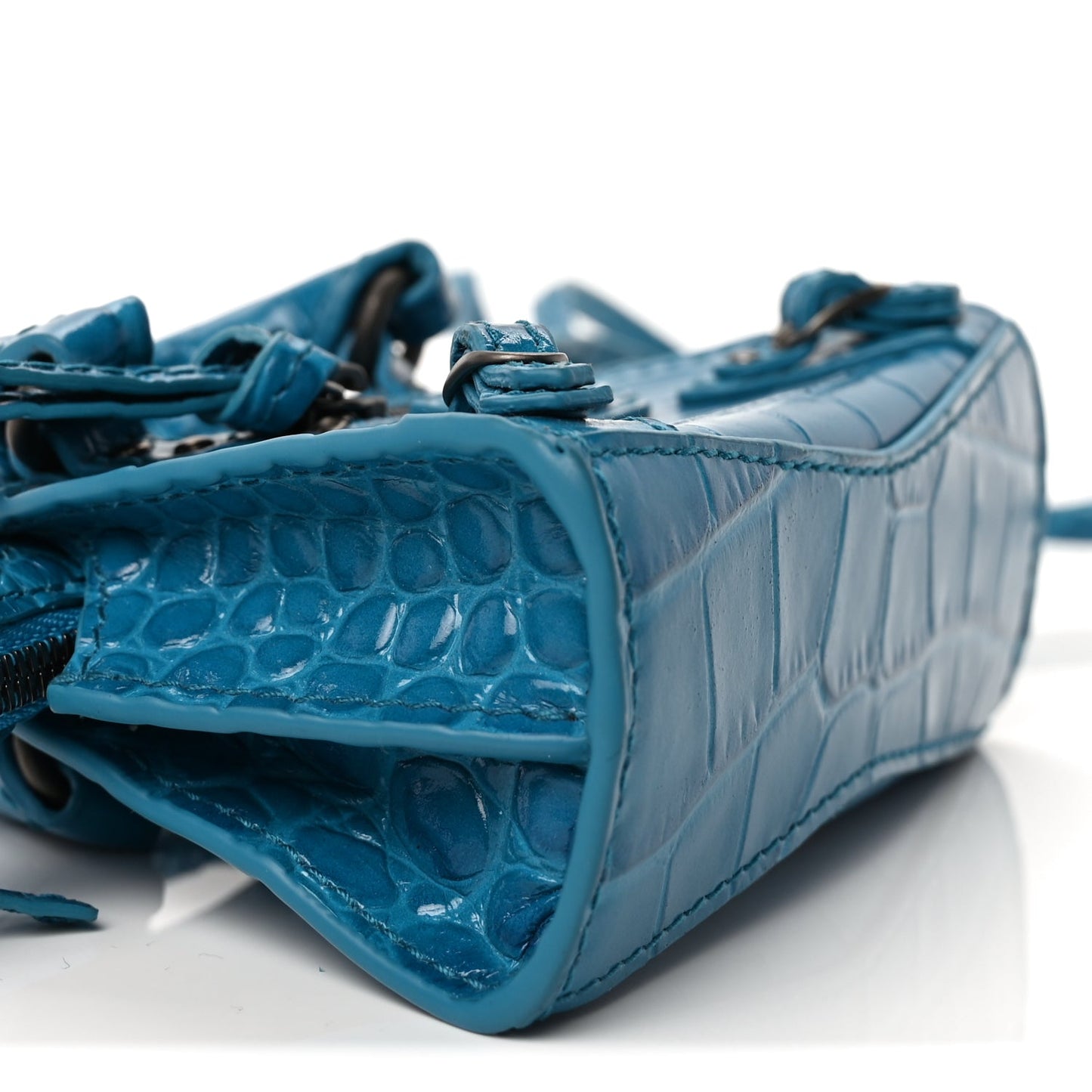 Balenciaga Extra Supple Calfskin Crocodile Embossed Neo Classic Silver Hardware Super Nano City Crossbody  Cyan