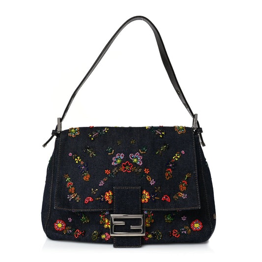 Fendi Denim Beaded Mama Baguette Blue