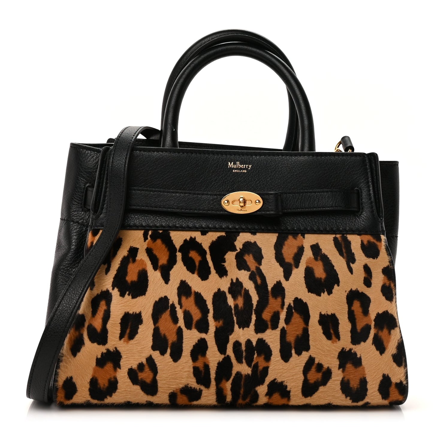 Mulberry Calf Hair Calfskin Leopard Print Small Belted Bayswater Tote Black