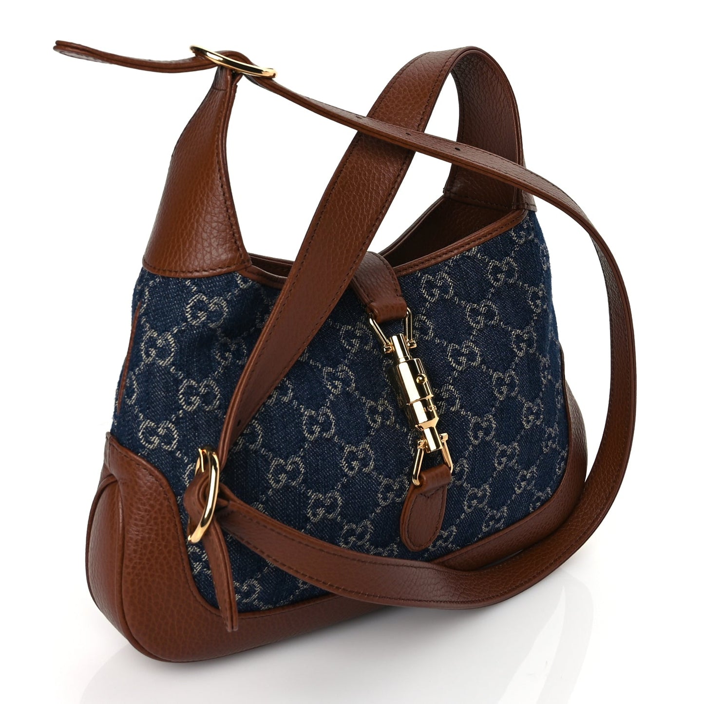Gucci New Denim GG Monogram Calfskin Small Jackie 1961 Hobo Blue Tea Cuir