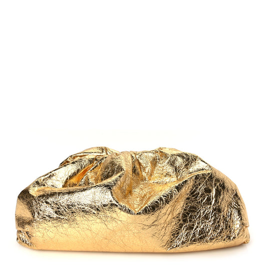 Bottega Veneta Metallic Crinkled Lambskin The Pouch Oversized Clutch Oro