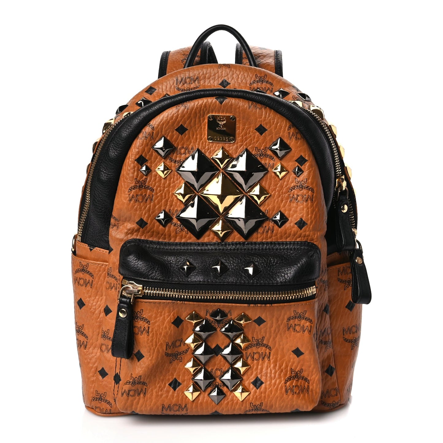 MCM Visetos Studded Colorblock Small Stark Brock Backpack Cognac Black