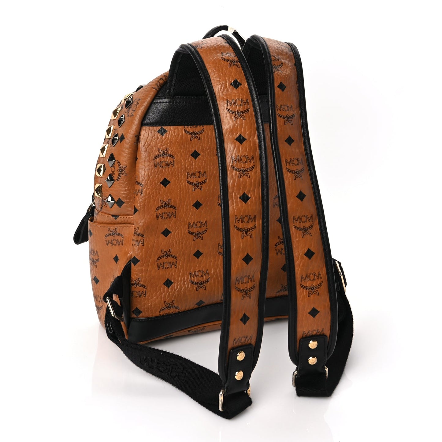 MCM Visetos Studded Colorblock Small Stark Brock Backpack Cognac Black