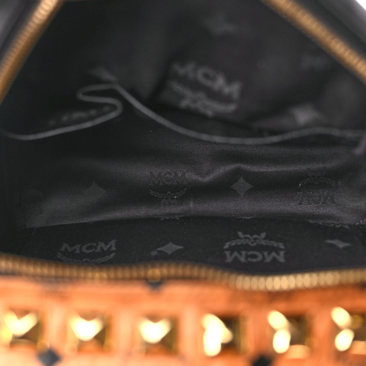 MCM Visetos Studded Colorblock Small Stark Brock Backpack Cognac Black