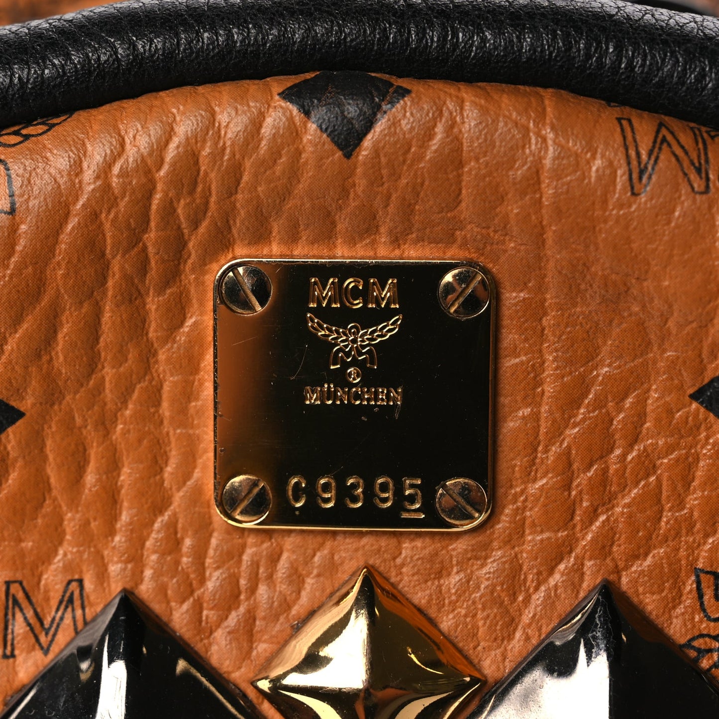 MCM Visetos Studded Colorblock Small Stark Brock Backpack Cognac Black