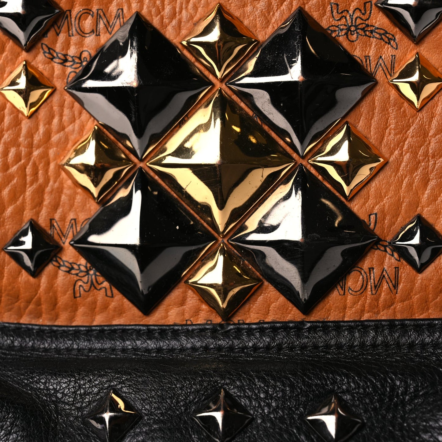 MCM Visetos Studded Colorblock Small Stark Brock Backpack Cognac Black