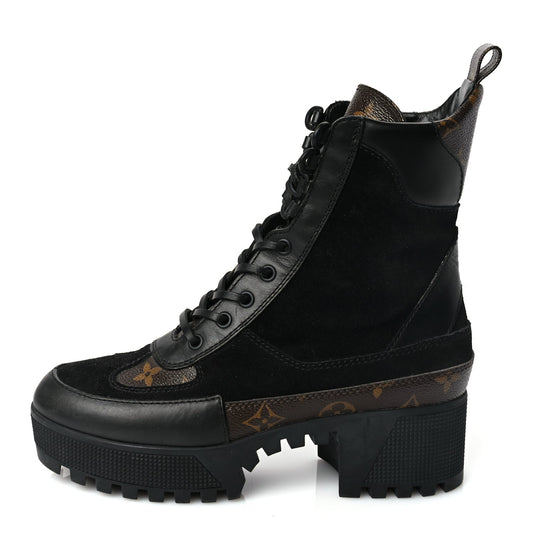 Louis Vuitton Suede Calfskin Monogram Laureate Platform Desert Boots 36.5 Black
