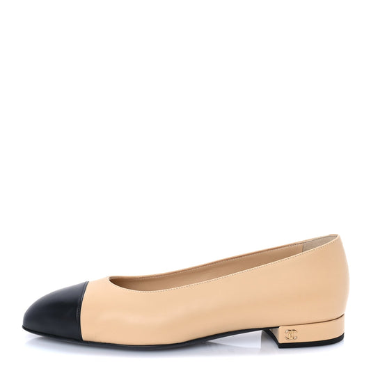 Chanel Lambskin Cap Toe CC Uniform Ballerina Flats 39 Beige Black
