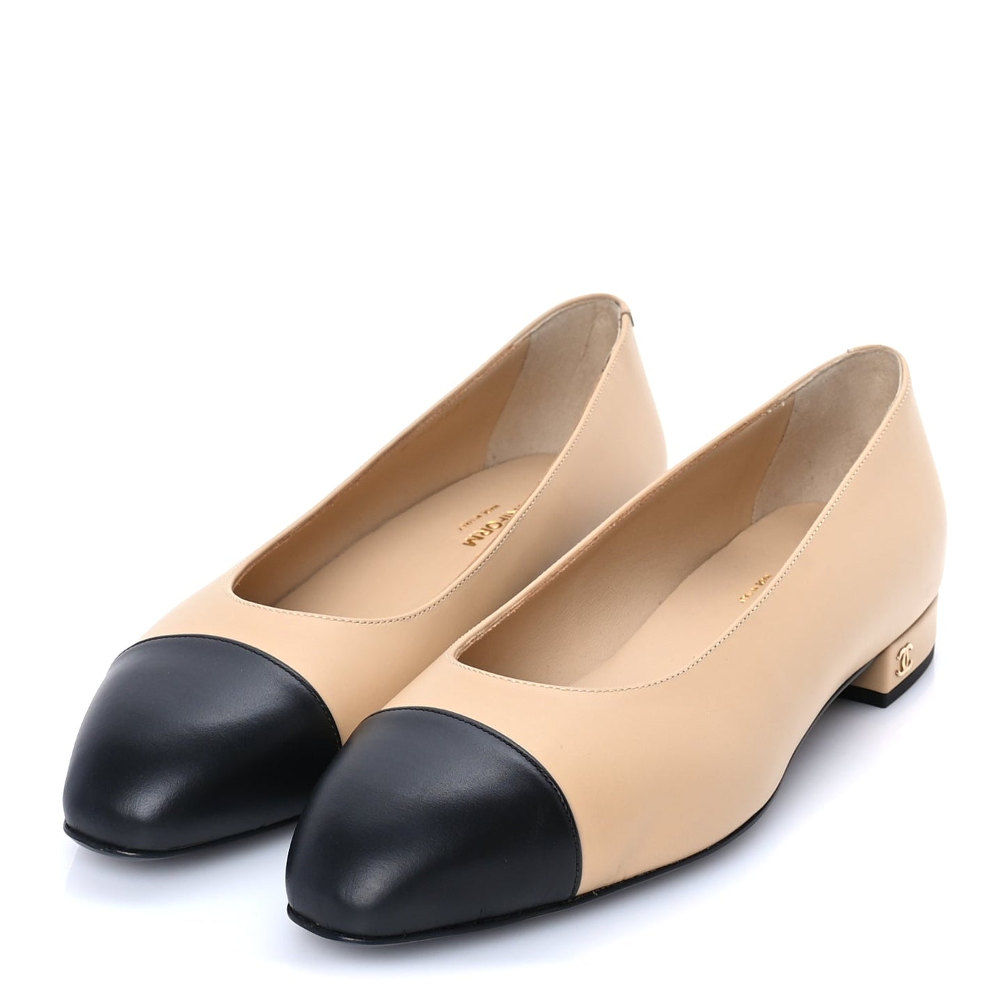 Chanel Lambskin Cap Toe CC Uniform Ballerina Flats 39 Beige Black