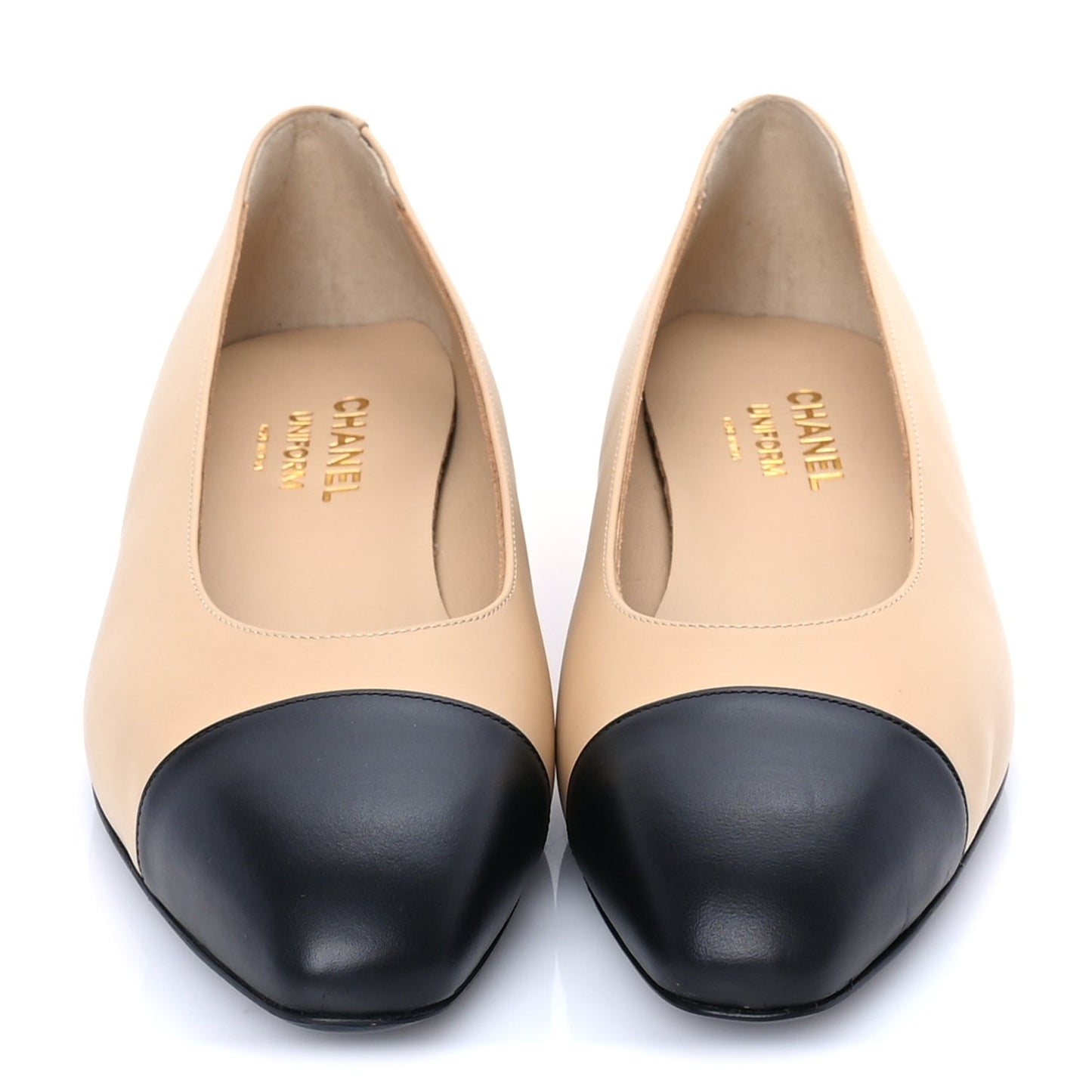 Chanel Lambskin Cap Toe CC Uniform Ballerina Flats 39 Beige Black