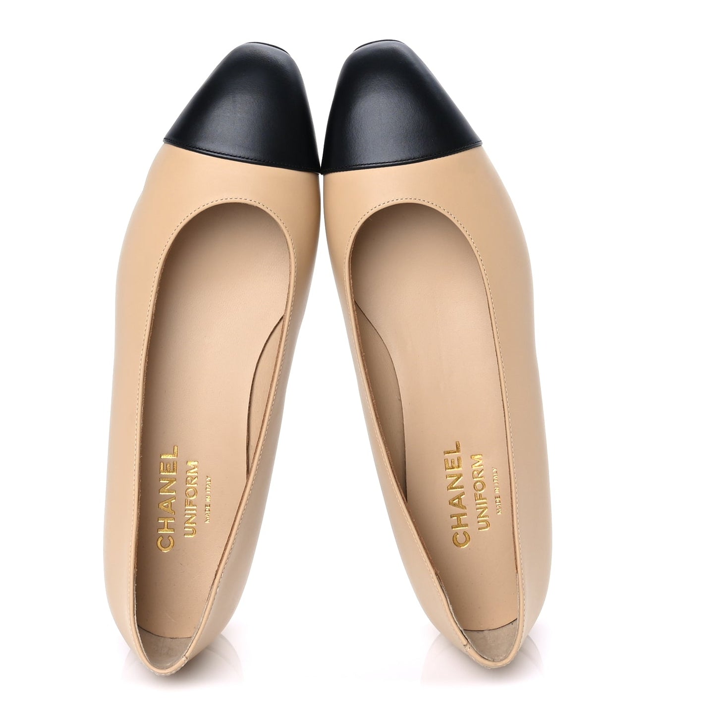 Chanel Lambskin Cap Toe CC Uniform Ballerina Flats 39 Beige Black