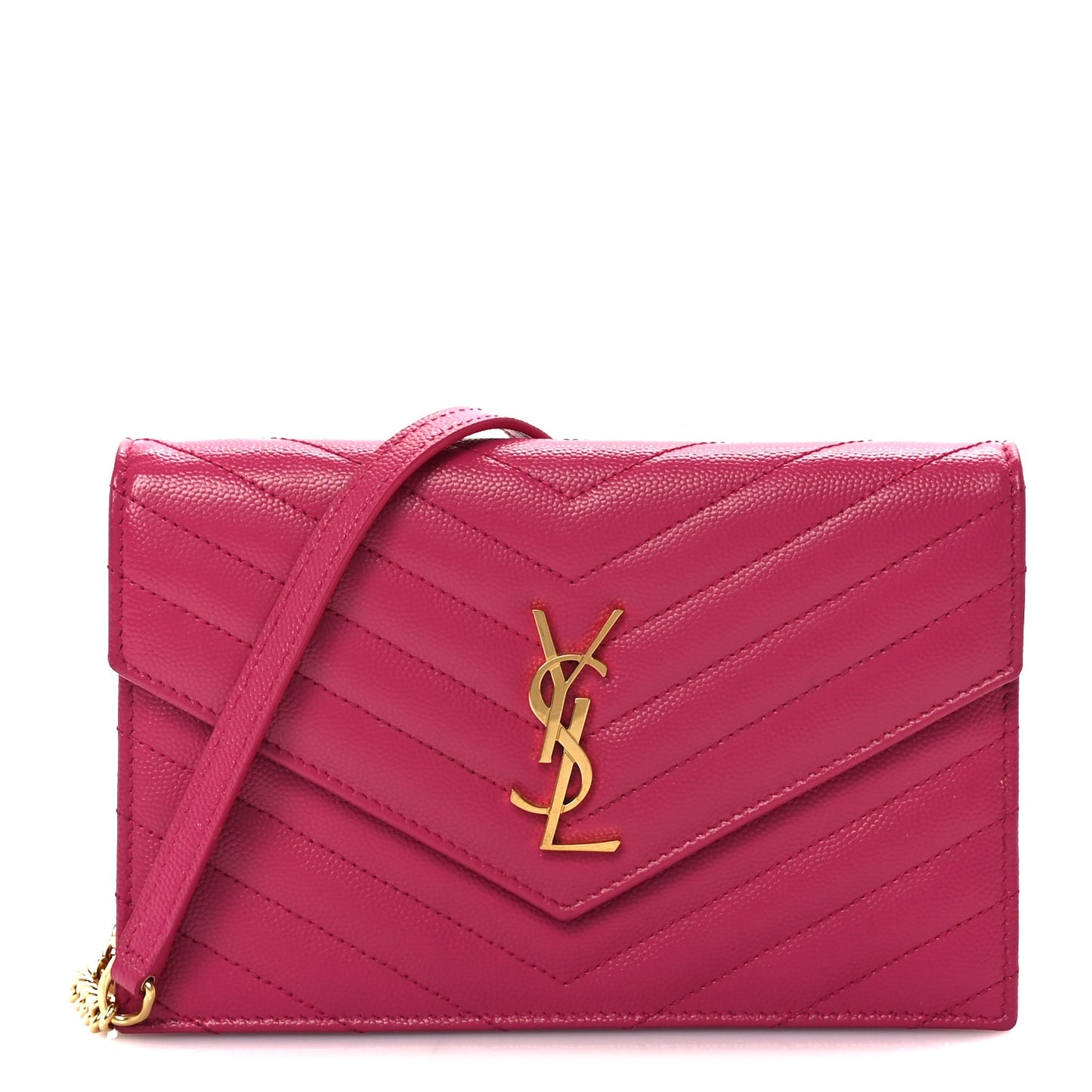 Saint Laurent Grain De Poudre Matelasse Chevron Monogram Envelope Chain Wallet Fresh Fuchsia
