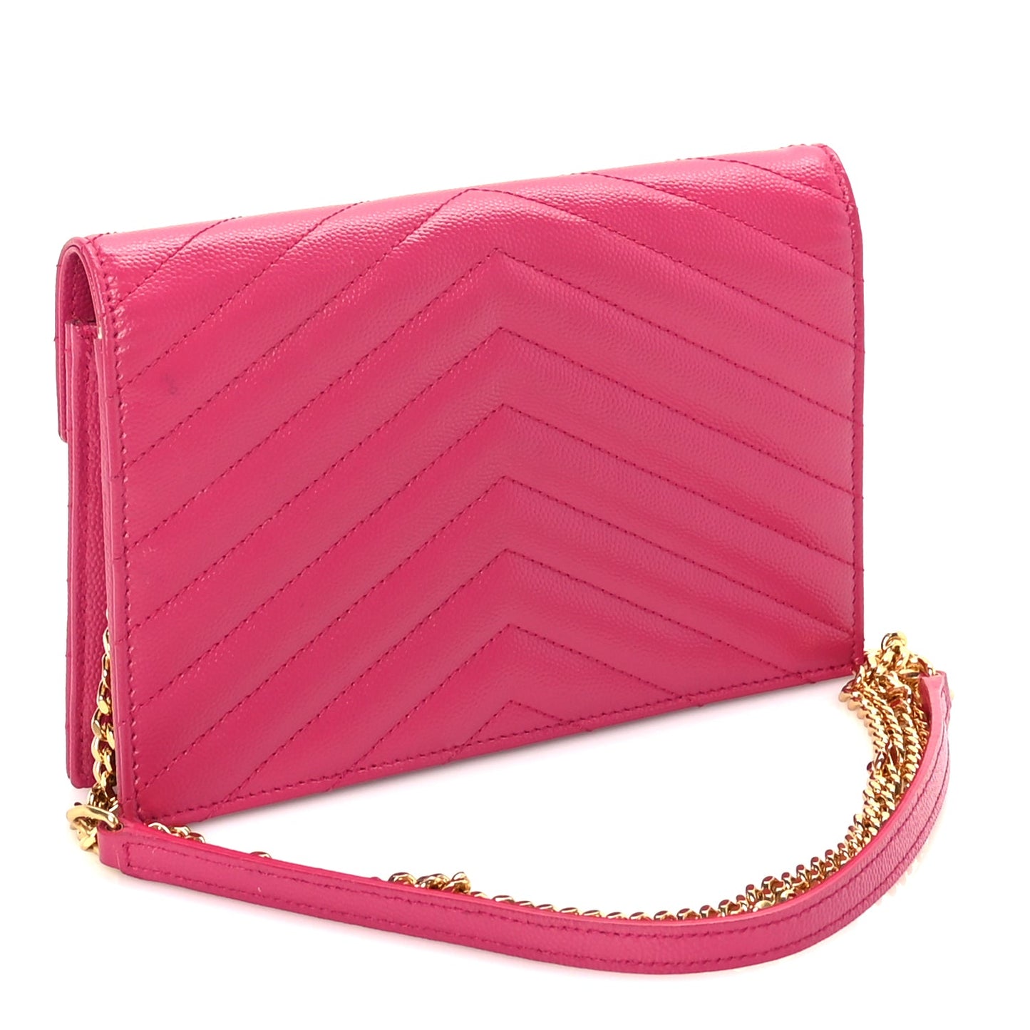 Saint Laurent Grain De Poudre Matelasse Chevron Monogram Envelope Chain Wallet Fresh Fuchsia