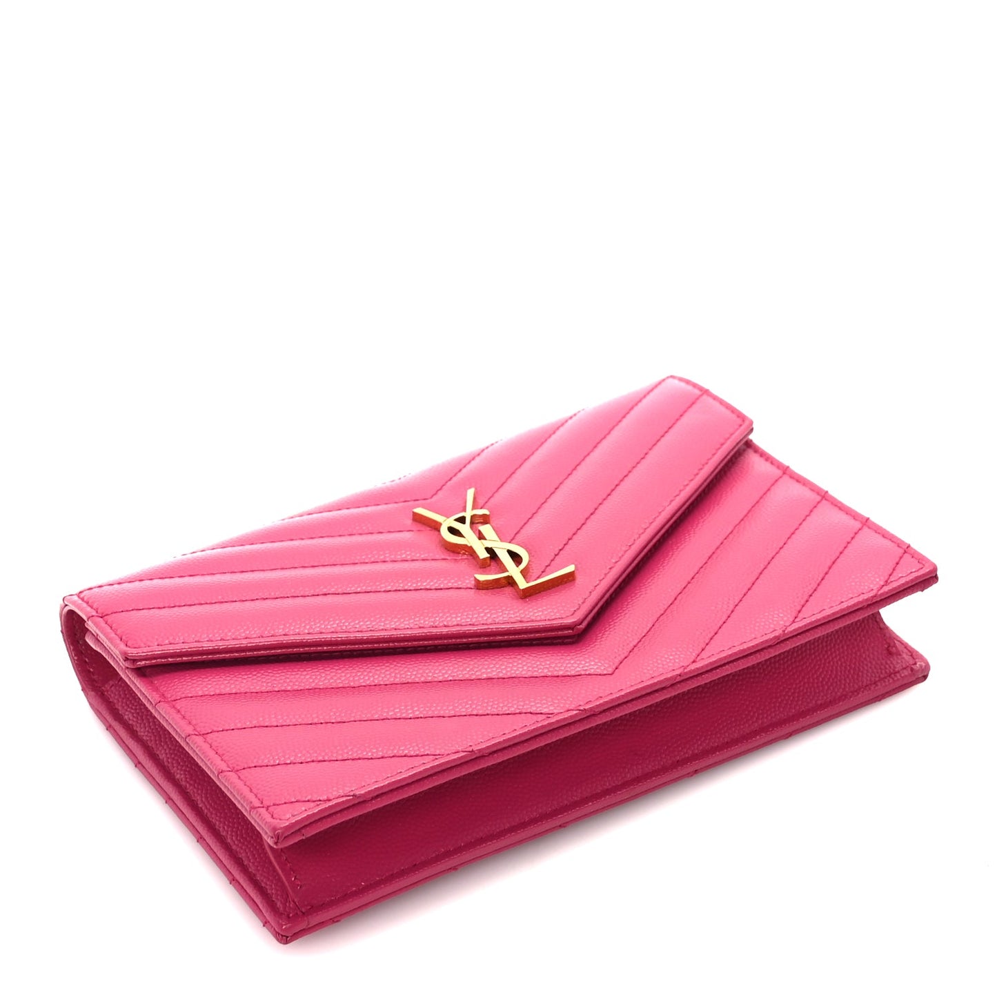 Saint Laurent Grain De Poudre Matelasse Chevron Monogram Envelope Chain Wallet Fresh Fuchsia