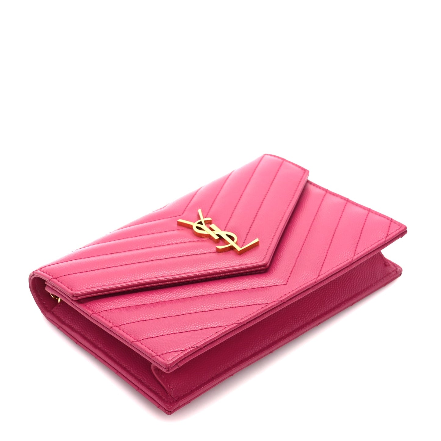 Saint Laurent Grain De Poudre Matelasse Chevron Monogram Envelope Chain Wallet Fresh Fuchsia