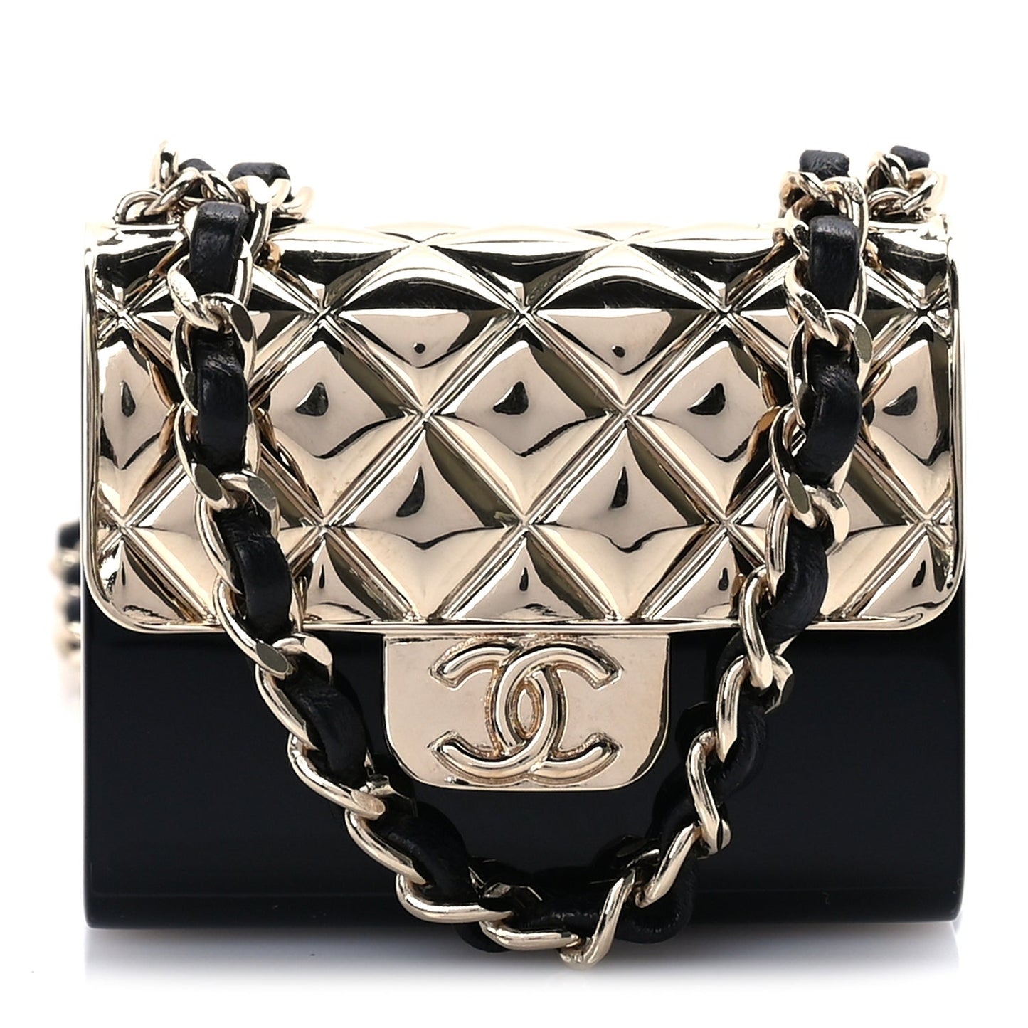 Chanel Metal Resin Lambskin Flap Bag Long Necklace Gold Black