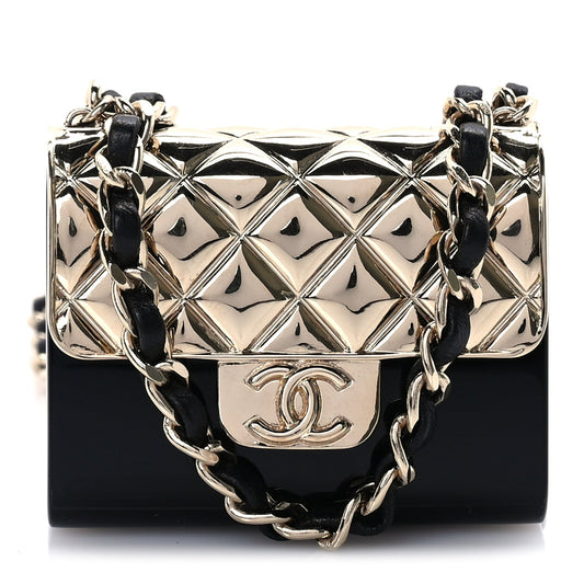 Chanel Metal Resin Lambskin Flap Bag Long Necklace Gold Black