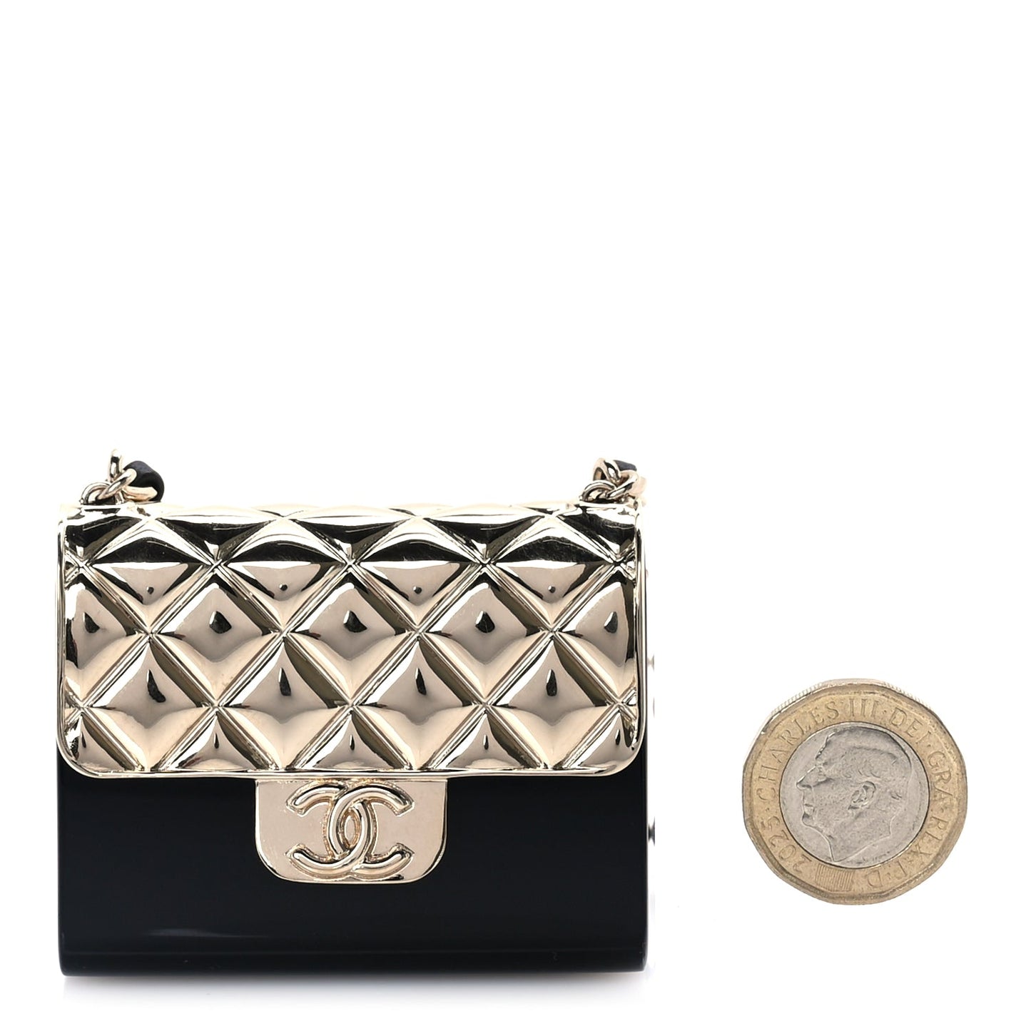 Chanel Metal Resin Lambskin Flap Bag Long Necklace Gold Black