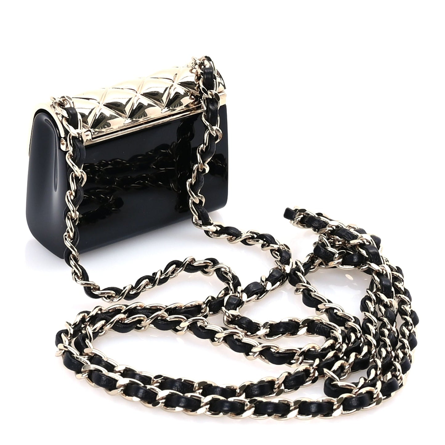Chanel Metal Resin Lambskin Flap Bag Long Necklace Gold Black