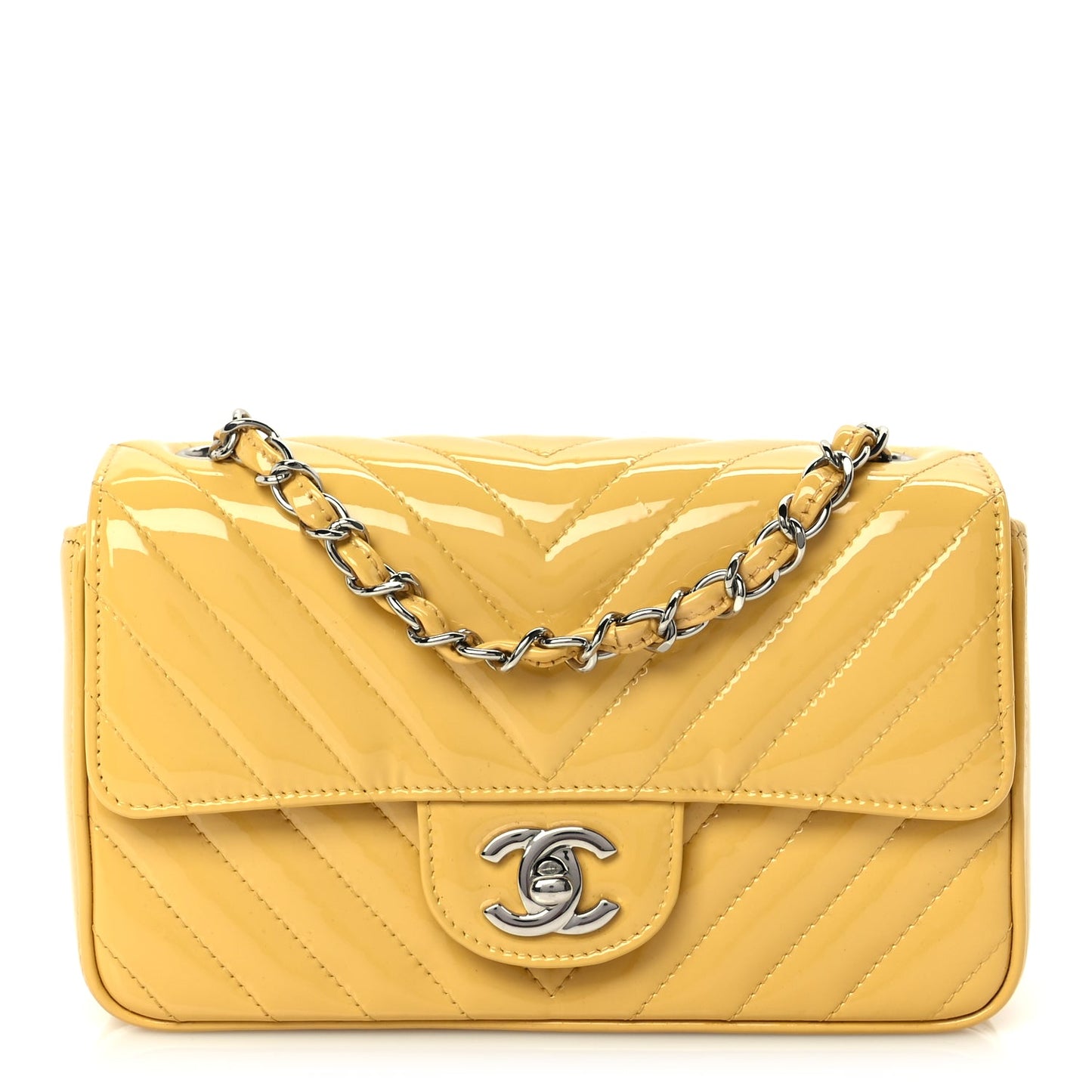 Chanel Patent Chevron Quilted Mini Rectangular Flap  Yellow