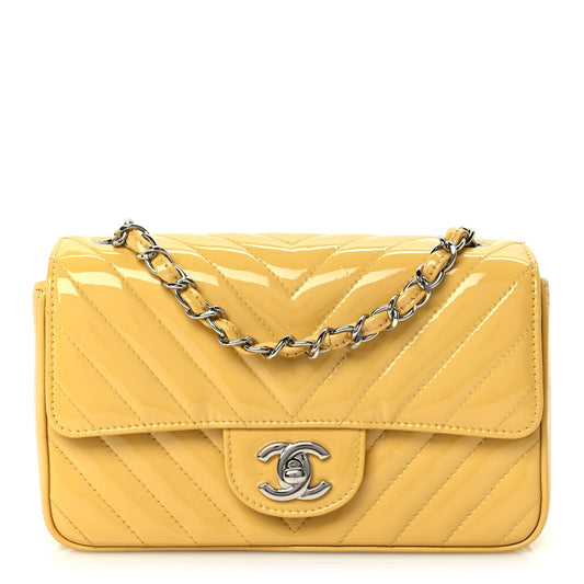 Chanel Patent Chevron Quilted Mini Rectangular Flap  Yellow