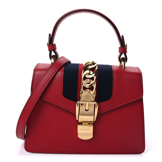 Gucci Calfskin Mini Sylvie Top Handle Bag Hibiscus Red