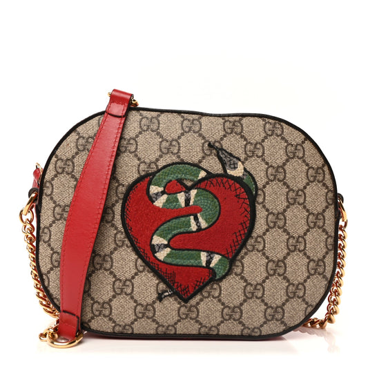 Gucci GG Supreme Monogram Kingsnake Heart Embroidered Mini Chain Shoulder Bag  Beige Hibiscus Red
